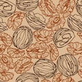 Abstract seamless pattern of a set of walnuts & kernels, for menu design or confectionery